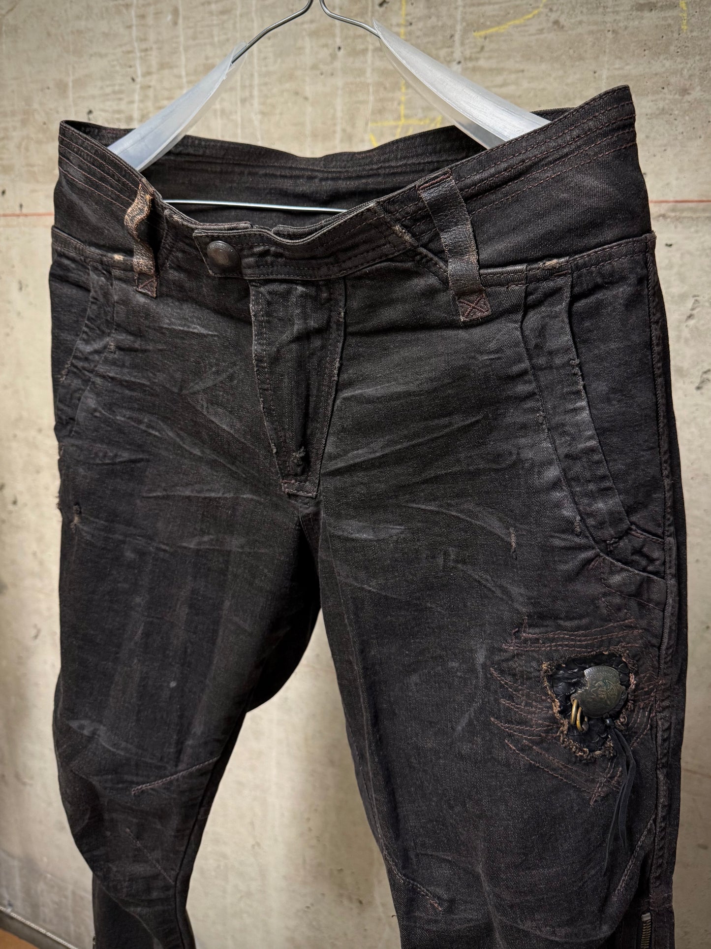 14thAddiction Early 00s Distressed Leather Patchwork Denim Capris