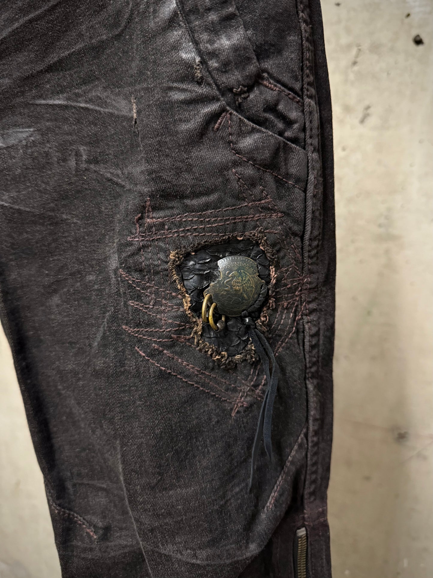 14thAddiction Early 00s Distressed Leather Patchwork Denim Capris