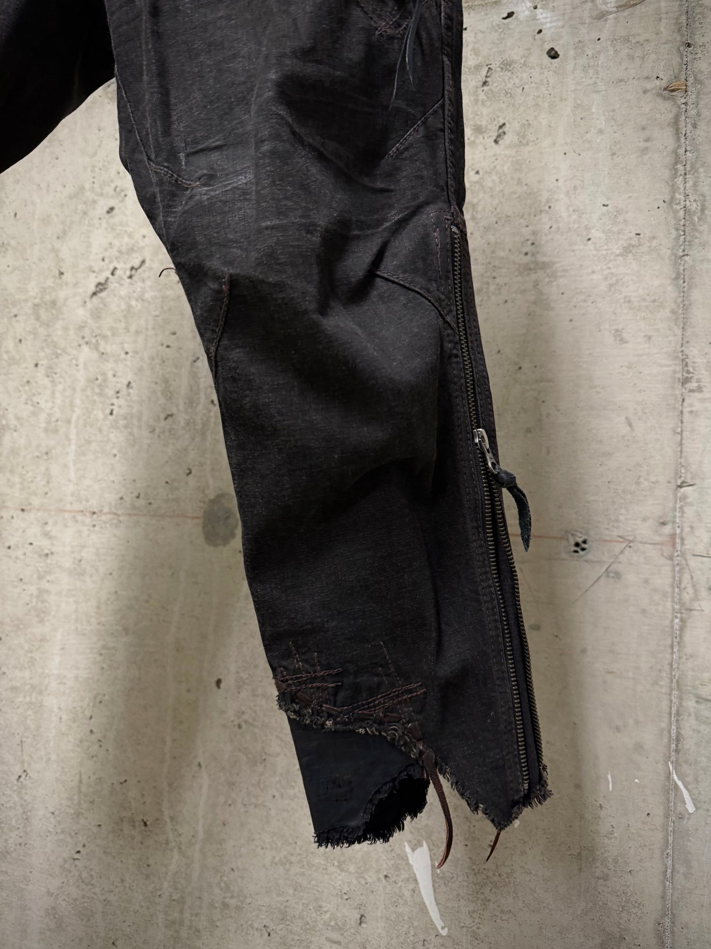 14thAddiction Early 00s Distressed Leather Patchwork Denim Capris