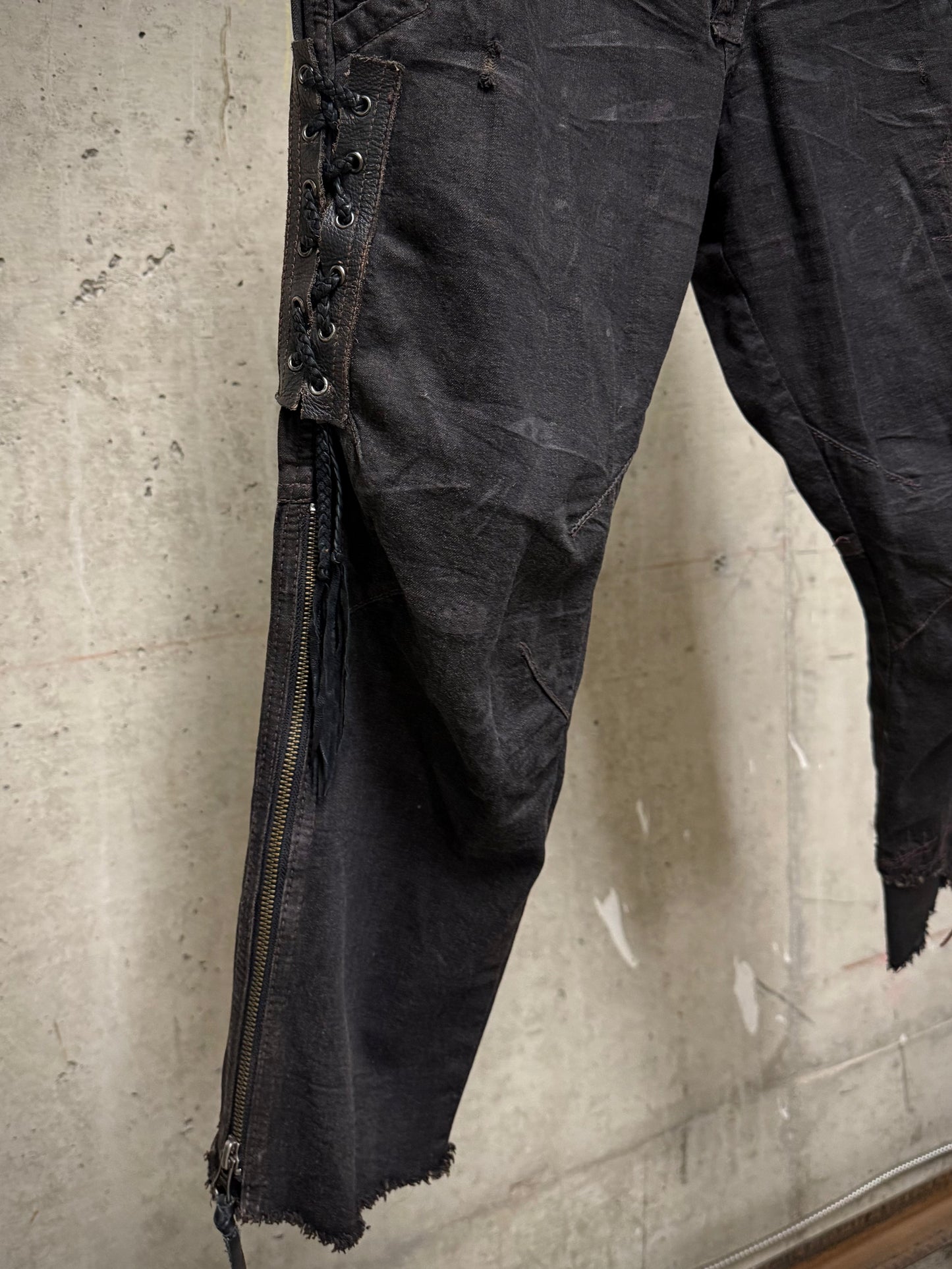 14thAddiction Early 00s Distressed Leather Patchwork Denim Capris