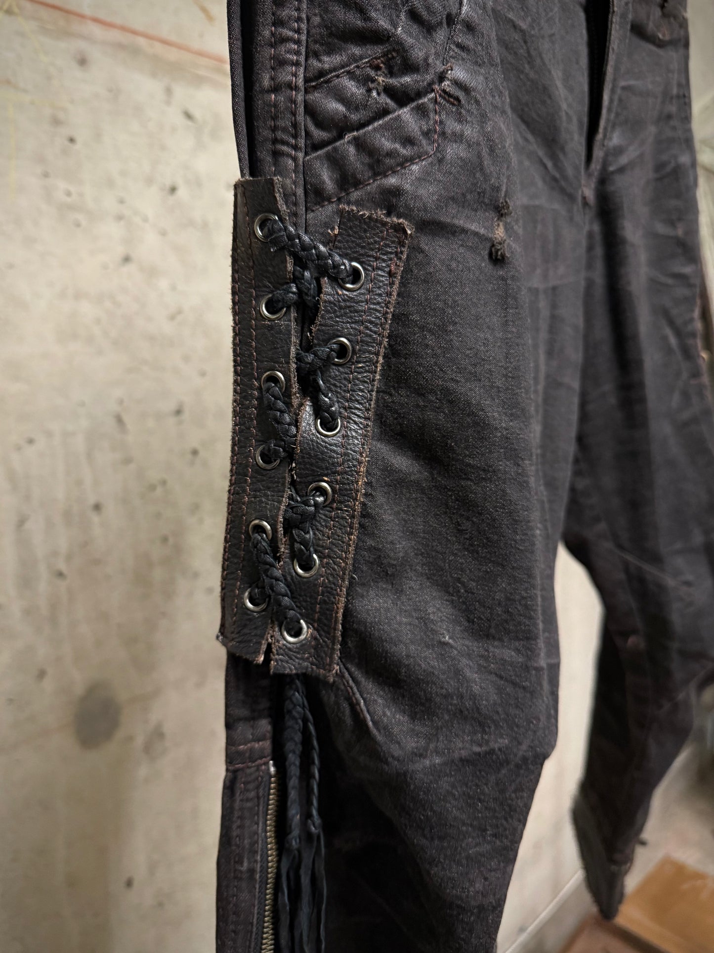 14thAddiction Early 00s Distressed Leather Patchwork Denim Capris