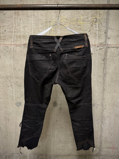 14thAddiction Early 00s Distressed Leather Patchwork Denim Capris
