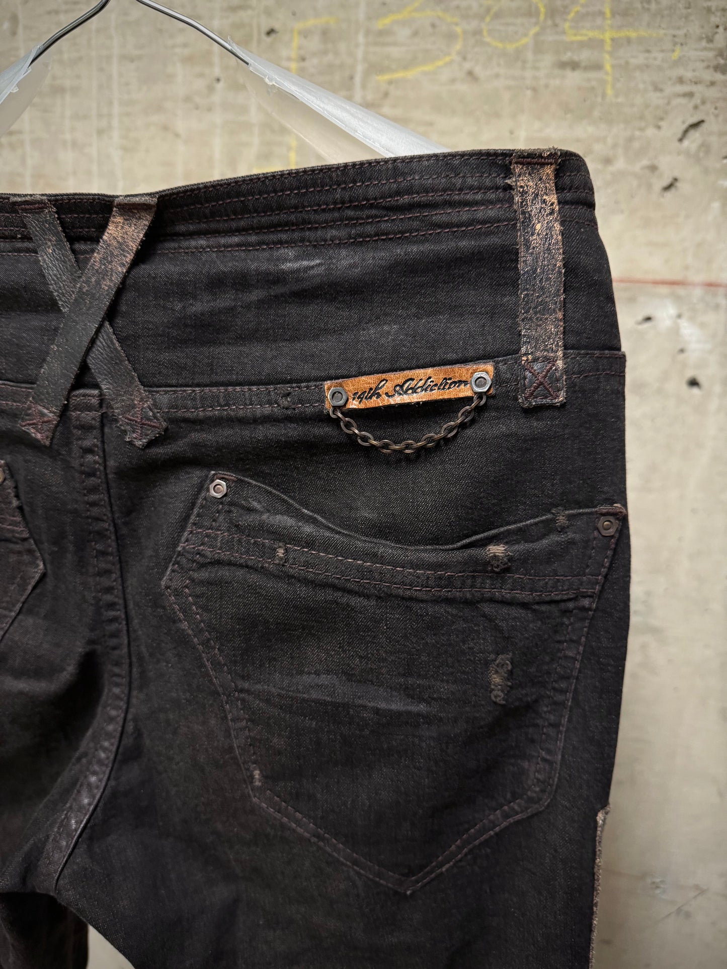 14thAddiction Early 00s Distressed Leather Patchwork Denim Capris