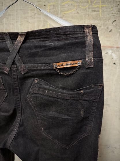 14thAddiction Early 00s Distressed Leather Patchwork Denim Capris