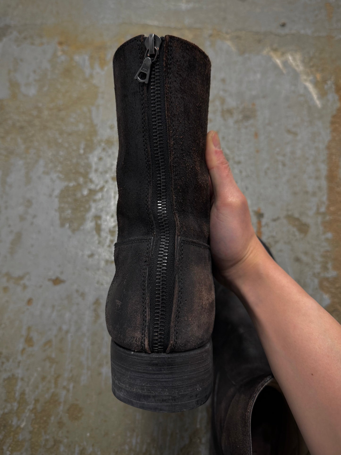 wjk by Jun Hashimoto 00s Dark Brown Reverse Cow Leather Back Zip Boots