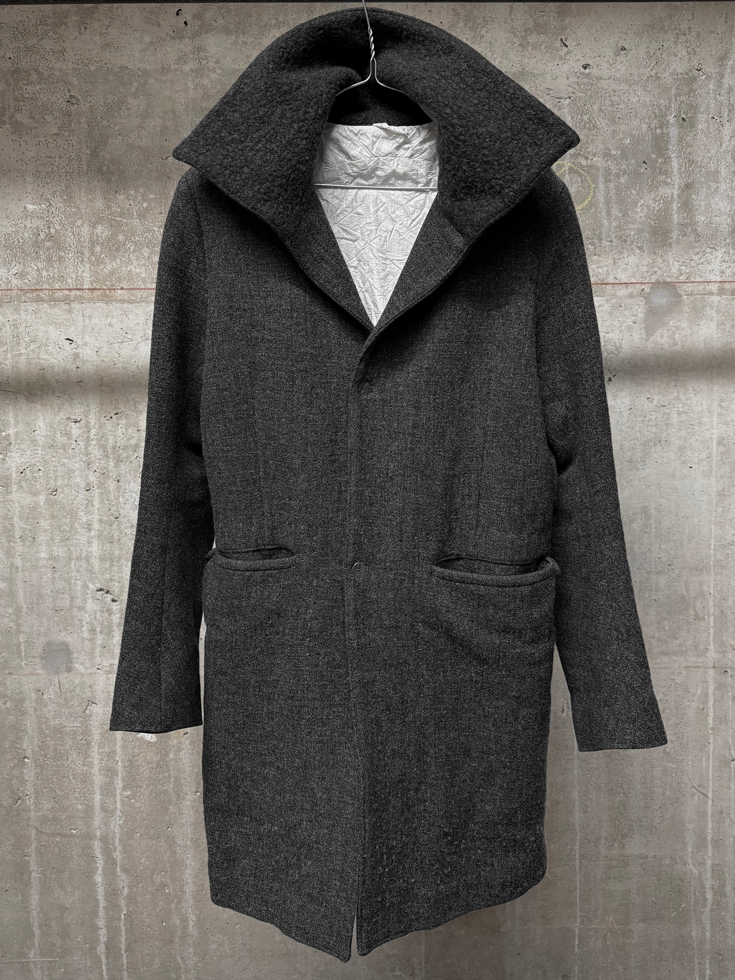 Taichi Murakami Taped Seam Anatomical Cashmere Tweed High Neck Coat
