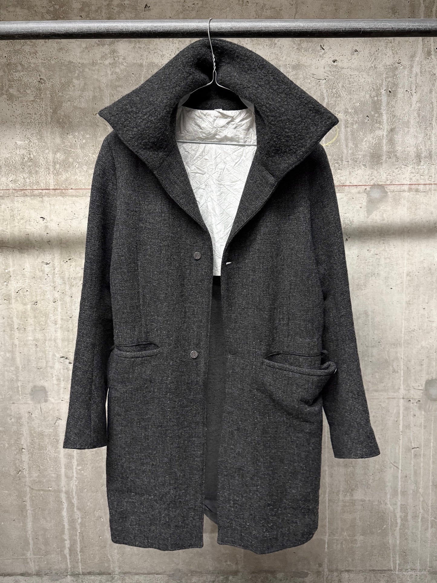 Taichi Murakami Taped Seam Anatomical Cashmere Tweed High Neck Coat