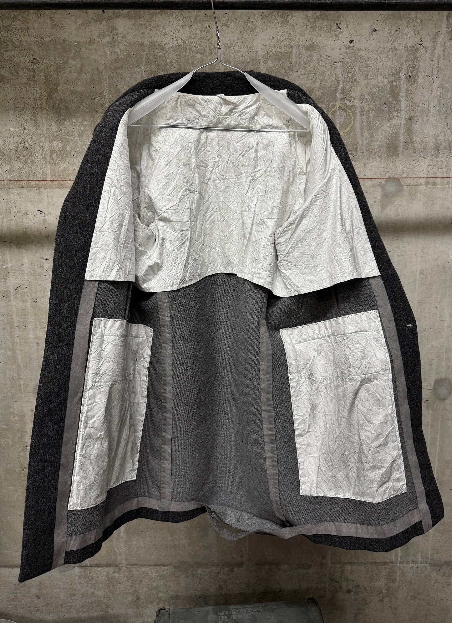 Taichi Murakami Taped Seam Anatomical Cashmere Tweed High Neck Coat
