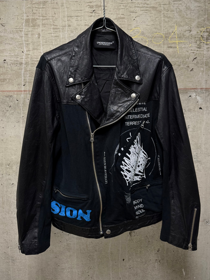 UNDERCOVER SS22 “Once in a Lifetime” Graphic Printed Hybrid Jersey Leather Perfecto Jacket
