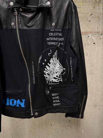 UNDERCOVER SS22 “Once in a Lifetime” Graphic Printed Hybrid Jersey Leather Perfecto Jacket