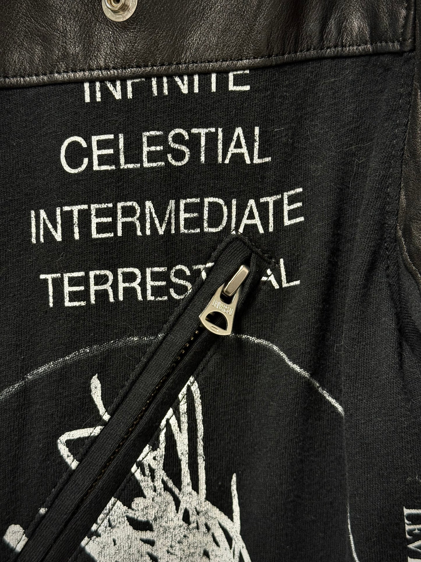 UNDERCOVER SS22 “Once in a Lifetime” Graphic Printed Hybrid Jersey Leather Perfecto Jacket