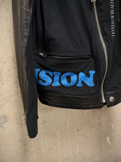 UNDERCOVER SS22 “Once in a Lifetime” Graphic Printed Hybrid Jersey Leather Perfecto Jacket