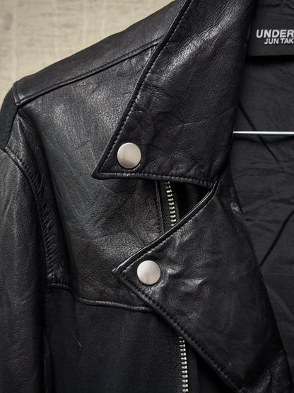 UNDERCOVER SS22 “Once in a Lifetime” Graphic Printed Hybrid Jersey Leather Perfecto Jacket