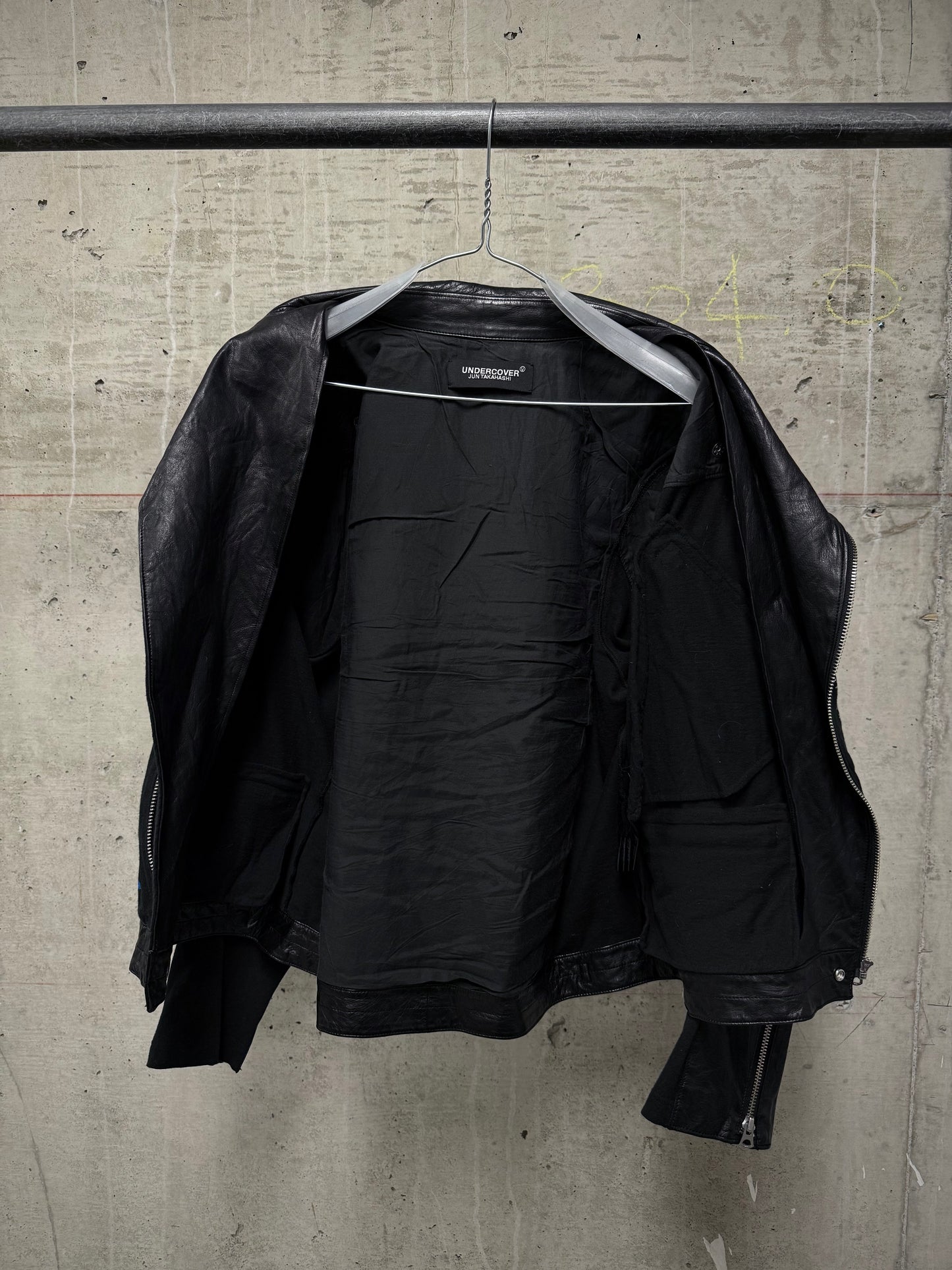 UNDERCOVER SS22 “Once in a Lifetime” Graphic Printed Hybrid Jersey Leather Perfecto Jacket