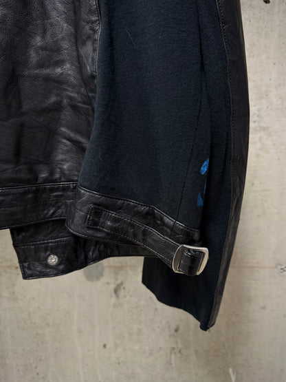 UNDERCOVER SS22 “Once in a Lifetime” Graphic Printed Hybrid Jersey Leather Perfecto Jacket