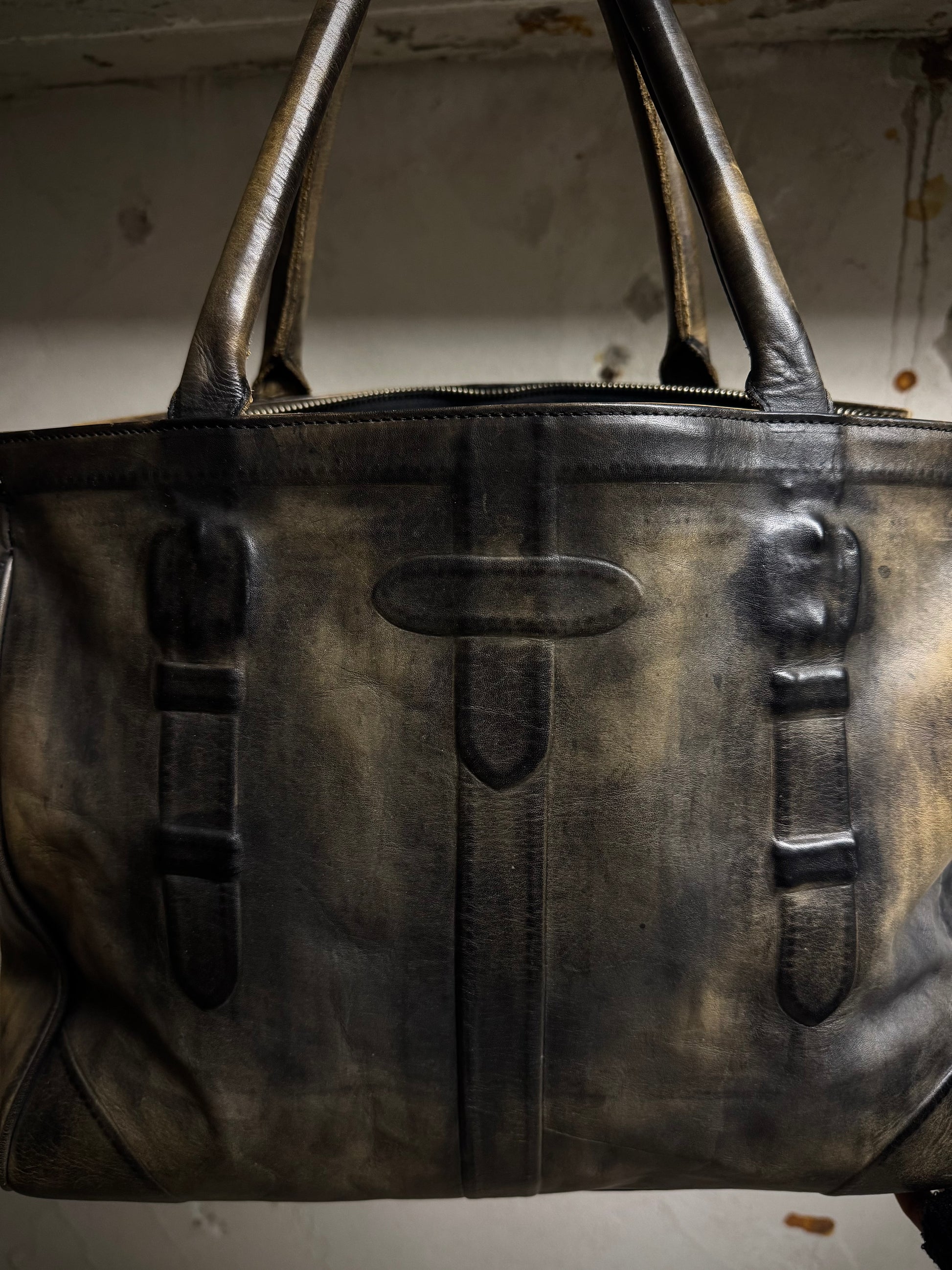 Mihara Yasuhiro AW11 'Aburidashi' Embossed Patina Mustard Kip Leather Briefcase detail | DRIEW GARMENTS