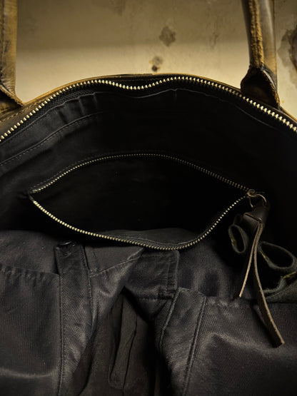 Mihara Yasuhiro AW11 'Aburidashi' Embossed Patina Mustard Kip Leather Briefcase detail | DRIEW GARMENTS