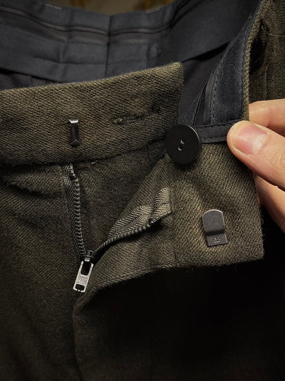 Ann Demeulemeester 2010s Khaki Wool Pleated Dress Pants detail | DRIEW GARMENTS