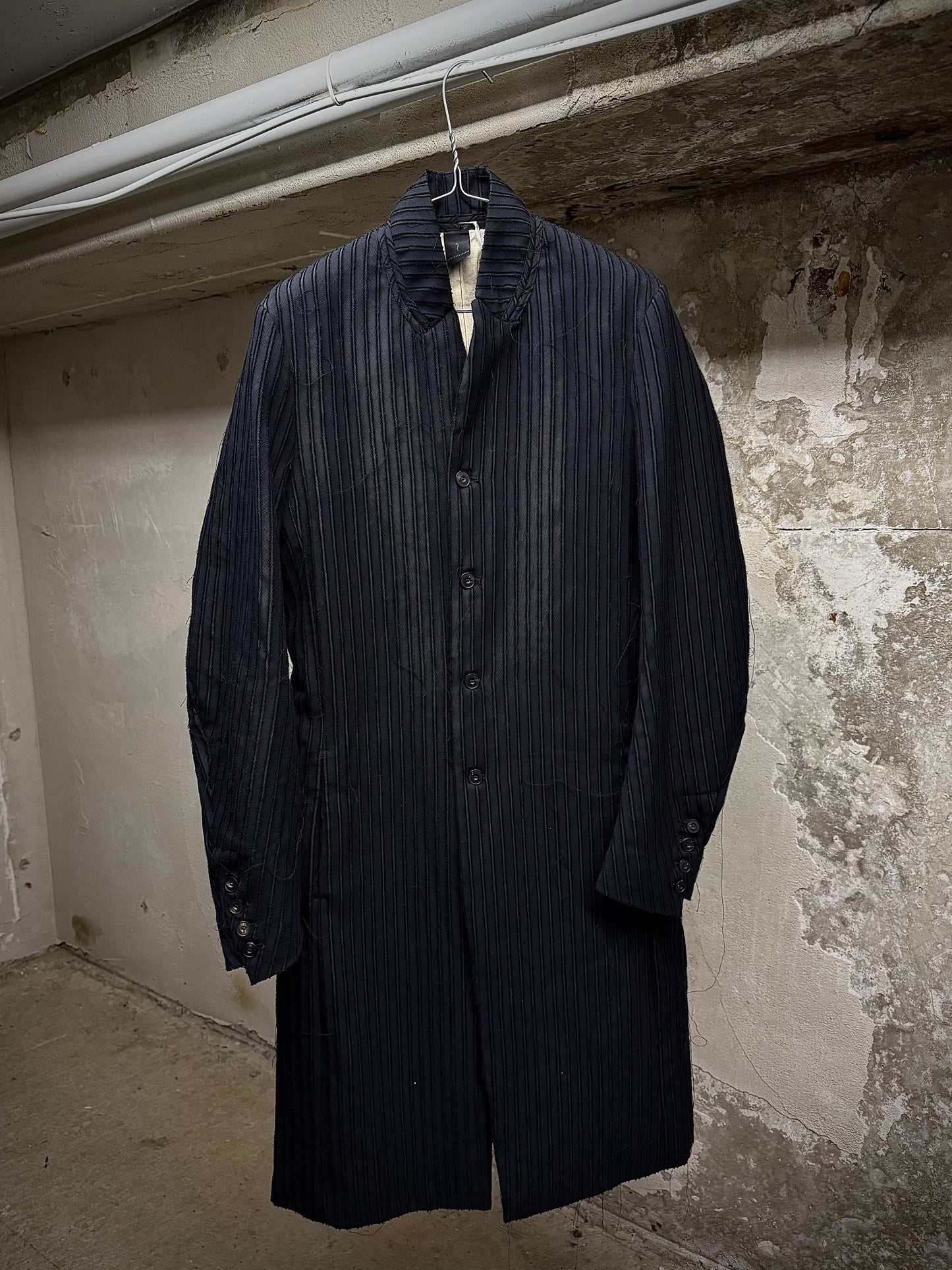 Masnada Frayed Pinstripe Peak Lapel Long Coat | Archive Fashion Toronto