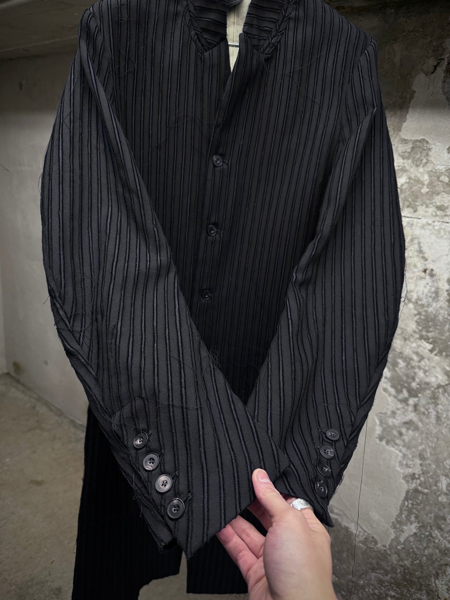 Masnada Frayed Pinstripe Peak Lapel Long Coat detail | DRIEW GARMENTS