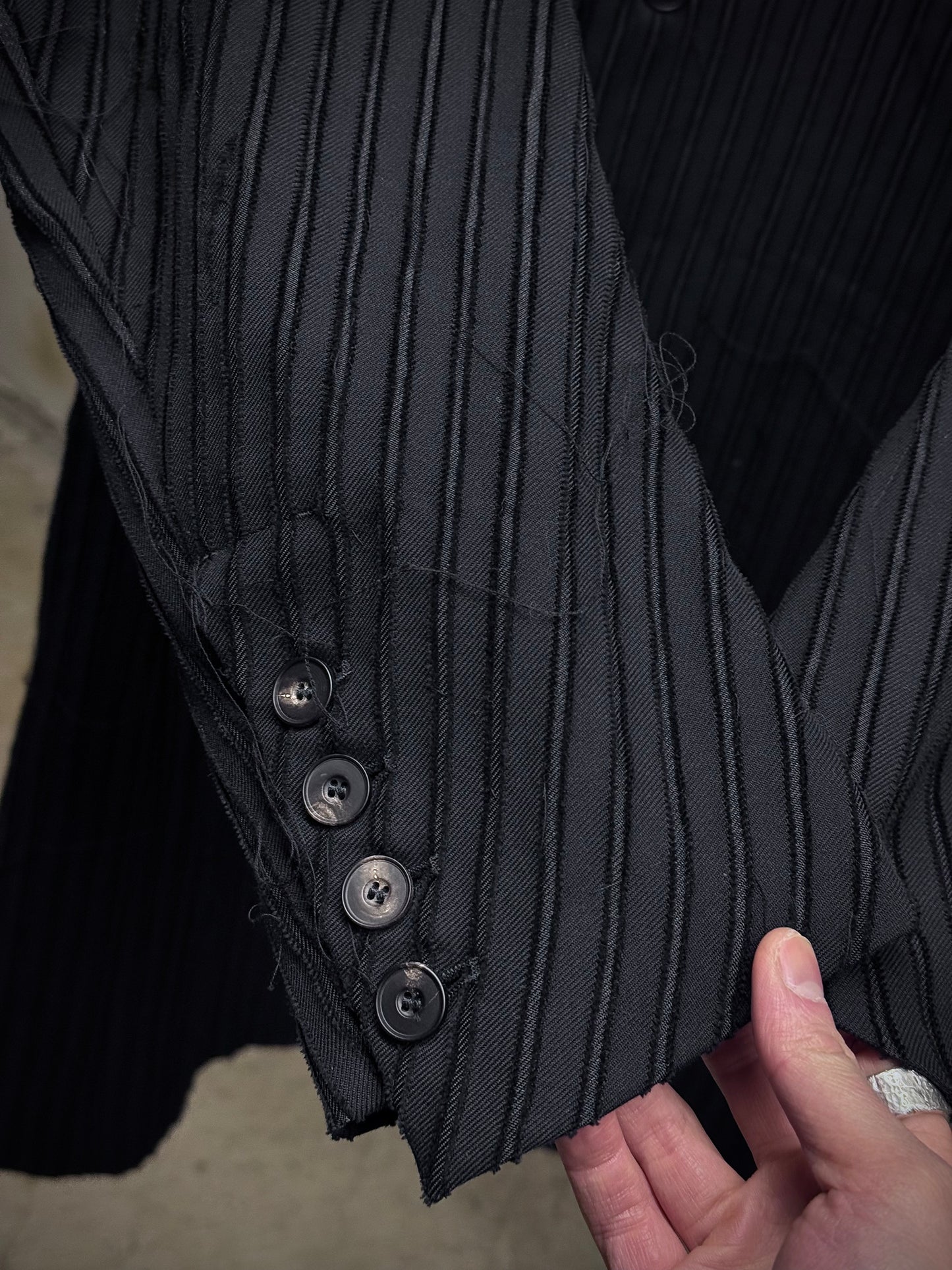 Masnada Frayed Pinstripe Peak Lapel Long Coat detail | DRIEW GARMENTS