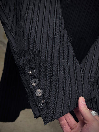 Masnada Frayed Pinstripe Peak Lapel Long Coat detail | DRIEW GARMENTS