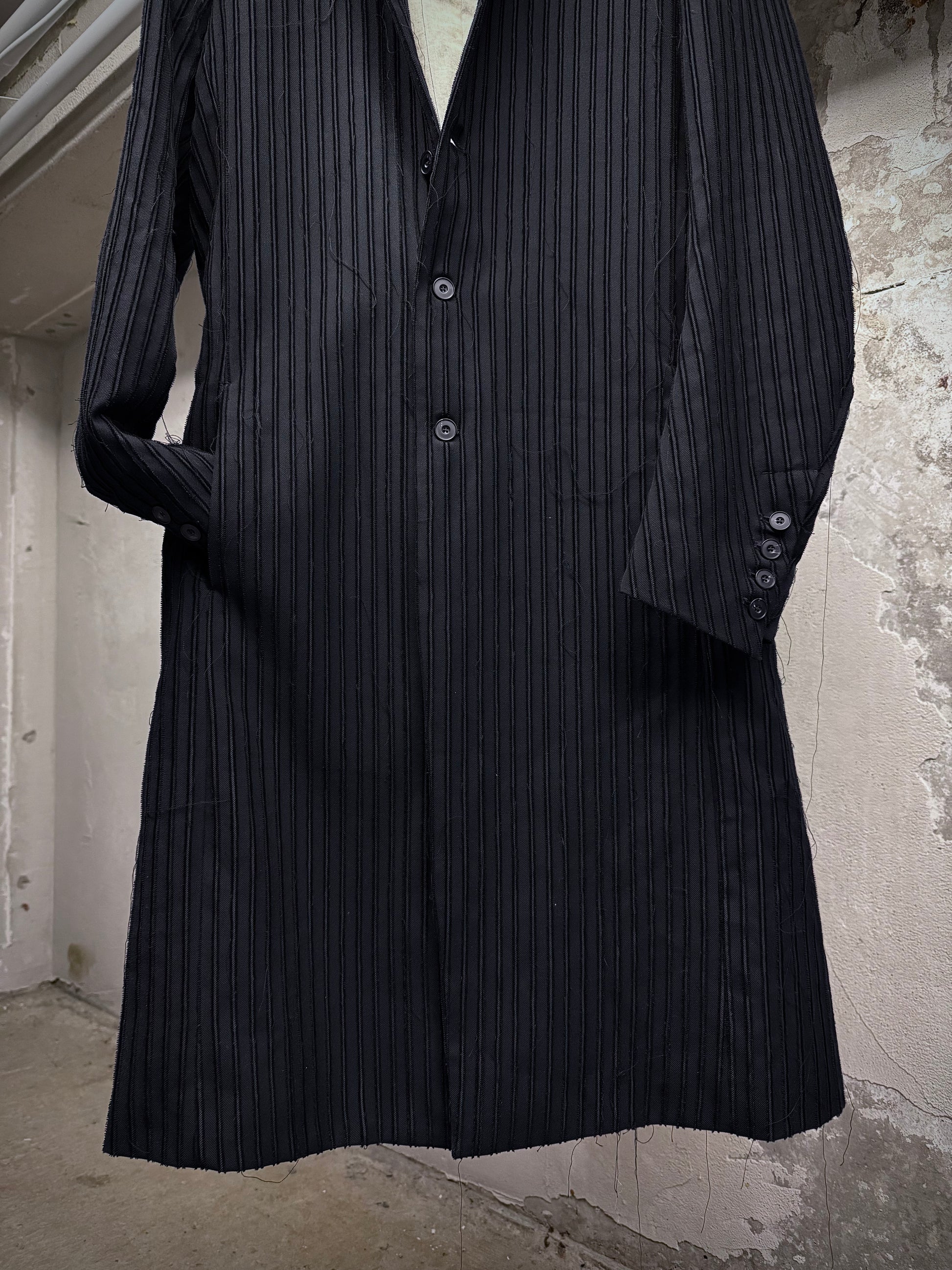 Masnada Frayed Pinstripe Peak Lapel Long Coat detail | DRIEW GARMENTS
