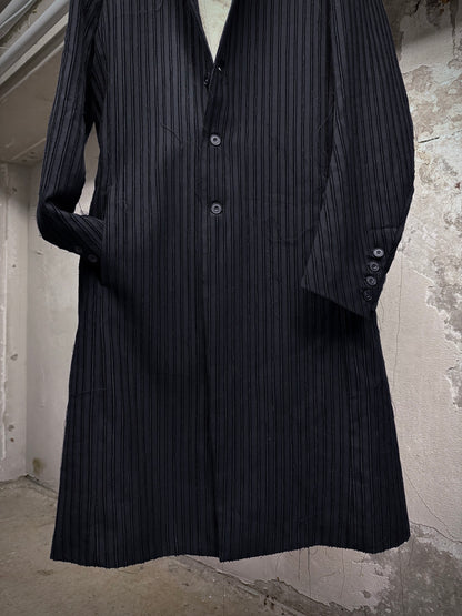 Masnada Frayed Pinstripe Peak Lapel Long Coat detail | DRIEW GARMENTS