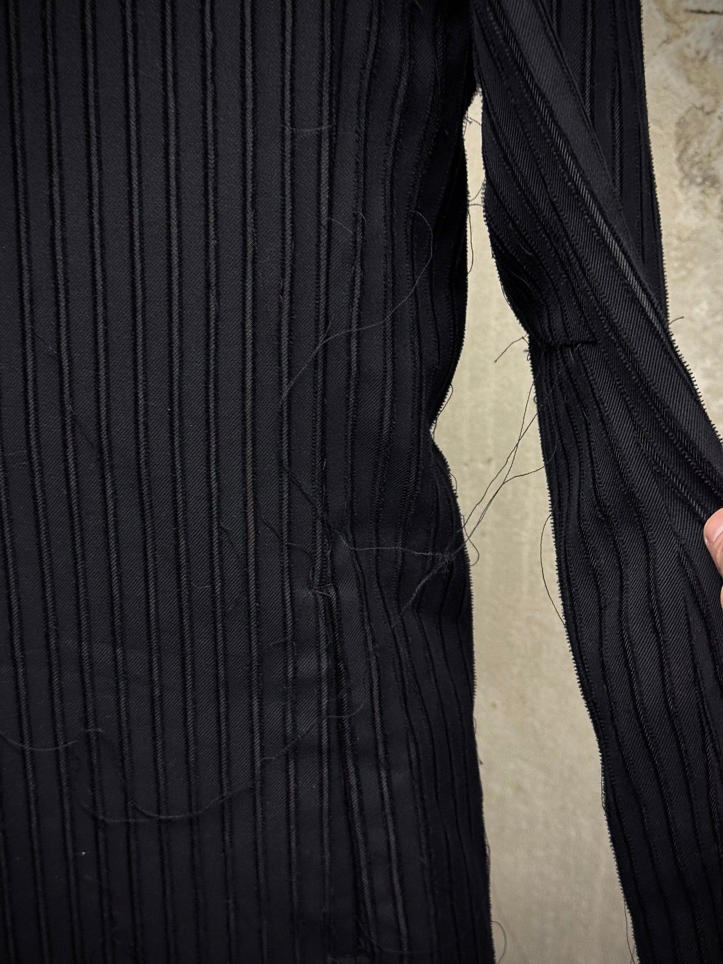 Masnada Frayed Pinstripe Peak Lapel Long Coat detail | DRIEW GARMENTS