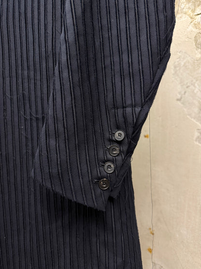 Masnada Frayed Pinstripe Peak Lapel Long Coat detail | DRIEW GARMENTS