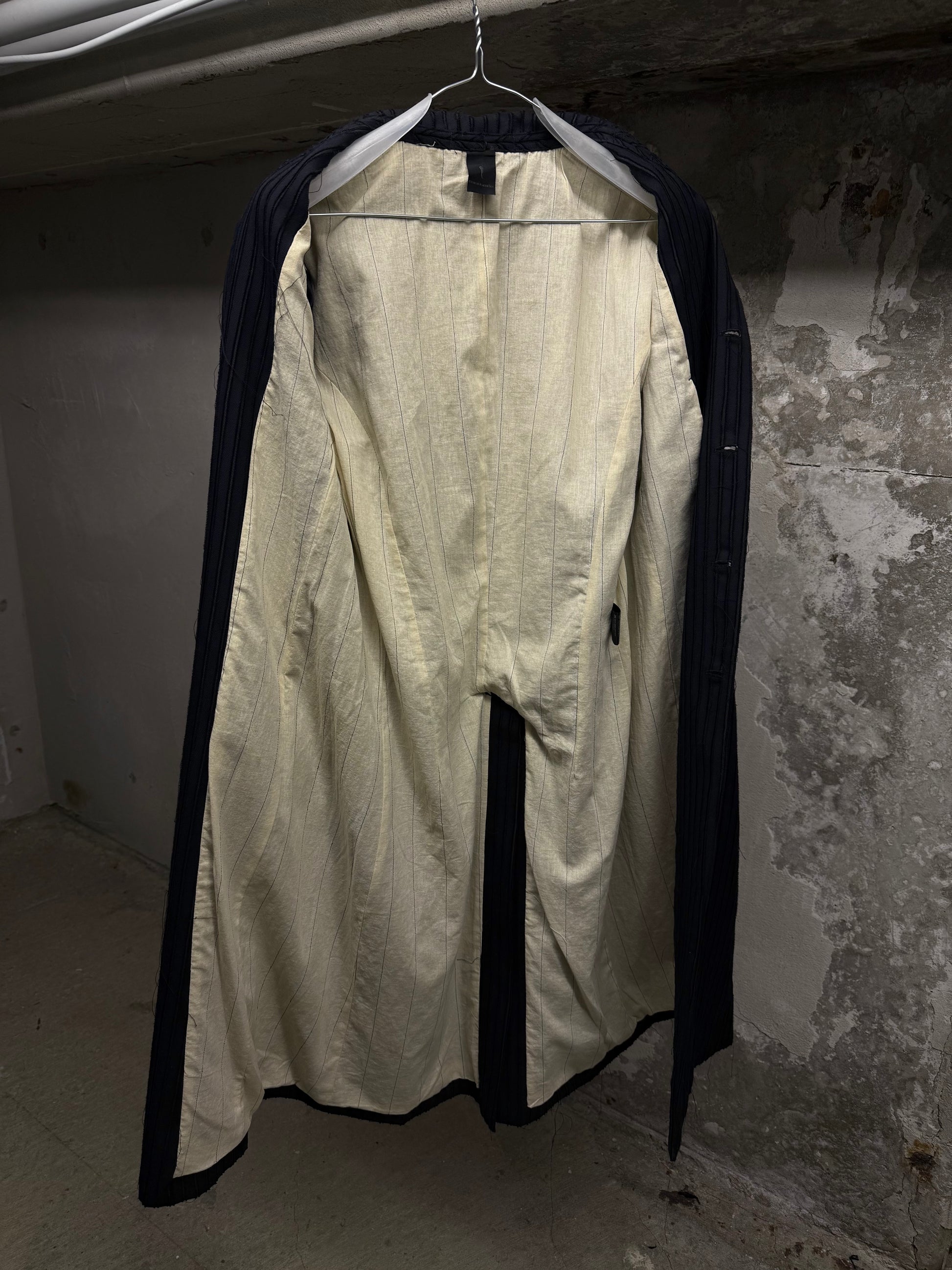 Masnada Frayed Pinstripe Peak Lapel Long Coat detail | DRIEW GARMENTS