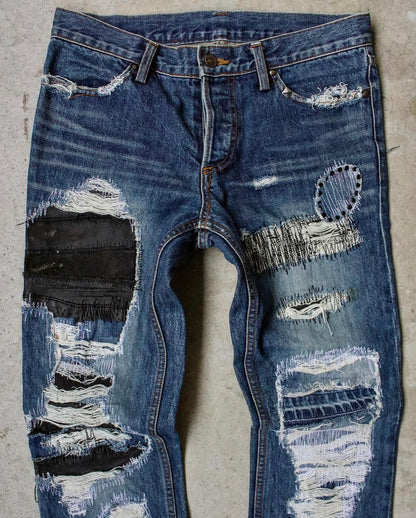 Shellac 00s Crash Distressed Cowhide Patchwork Repaired Bootcut Denim