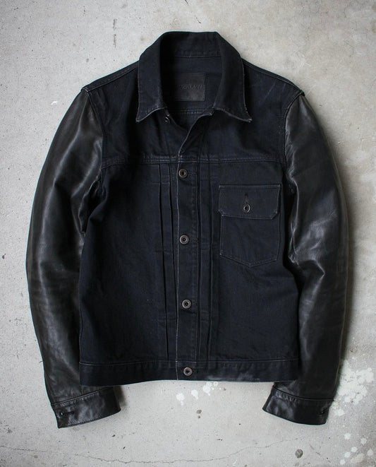 Isamu Katayama Black leather sleeve denim jacket