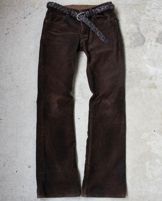 Brown corduroy bootcut pants with belt