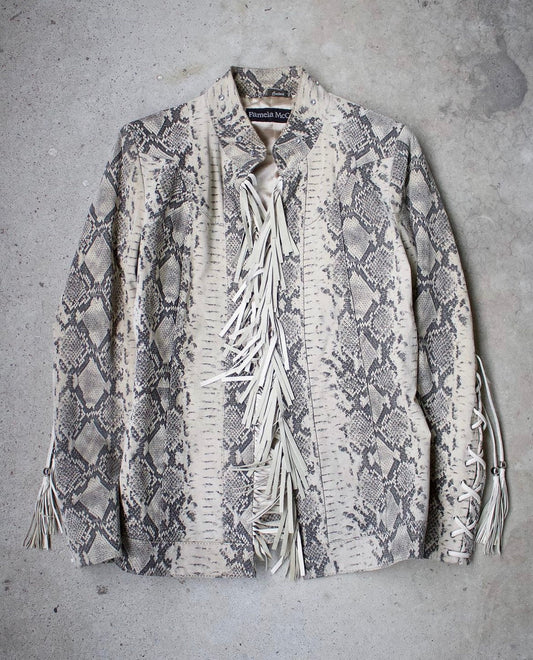 Vintage 00s Pamela McCoy Snake Skin Printed Fringe Leather Jacket