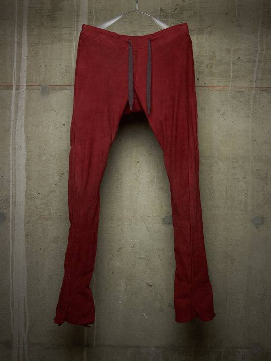 Isaac Sellam: “Experience” Brick Red Overlock Stretch Lambskin Suede Leather Jogging Pants