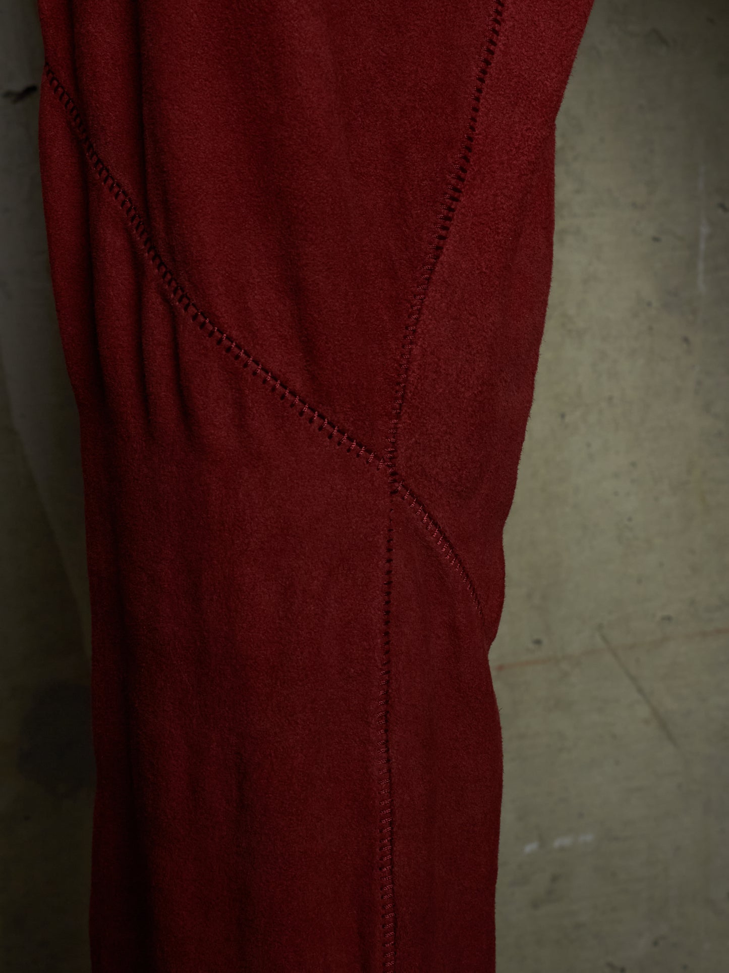 Isaac Sellam: “Experience” Brick Red Overlock Stretch Lambskin Suede Leather Jogging Pants