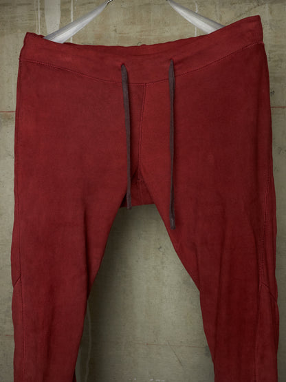 Isaac Sellam: “Experience” Brick Red Overlock Stretch Lambskin Suede Leather Jogging Pants