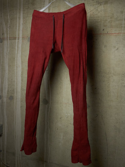 Isaac Sellam: “Experience” Brick Red Overlock Stretch Lambskin Suede Leather Jogging Pants