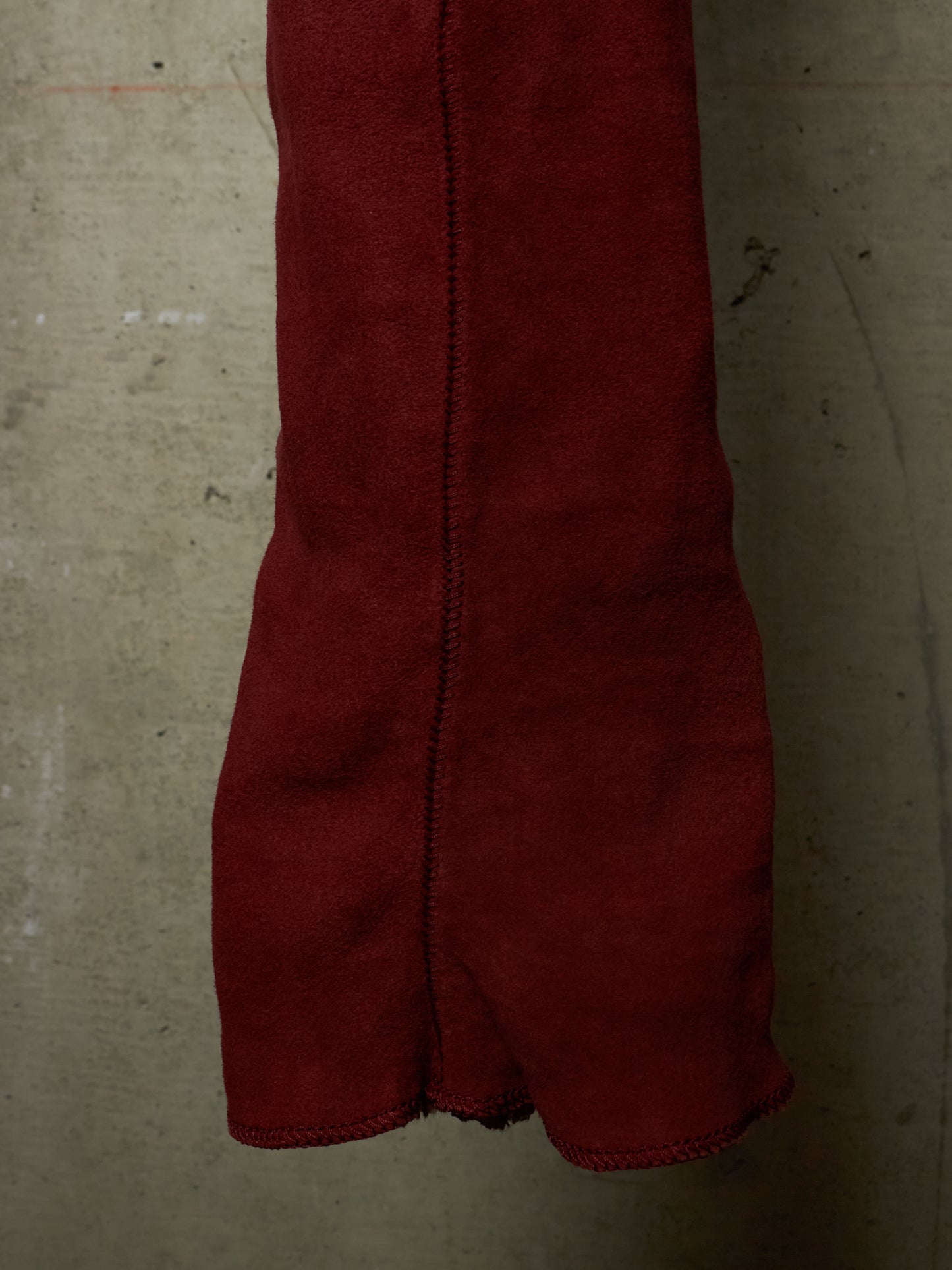 Isaac Sellam: “Experience” Brick Red Overlock Stretch Lambskin Suede Leather Jogging Pants