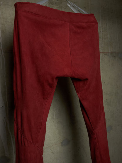Isaac Sellam: “Experience” Brick Red Overlock Stretch Lambskin Suede Leather Jogging Pants