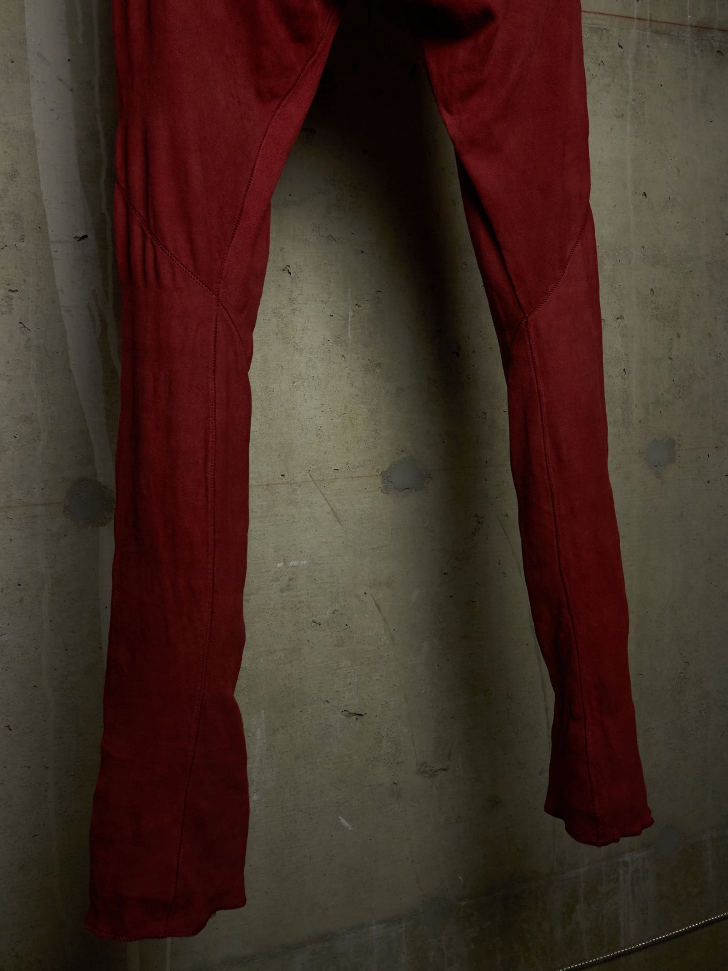 Isaac Sellam: “Experience” Brick Red Overlock Stretch Lambskin Suede Leather Jogging Pants