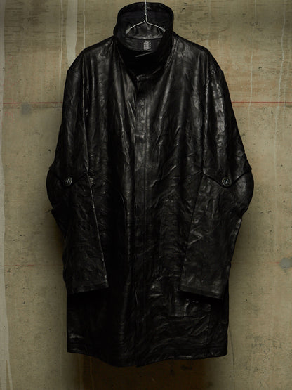 Isaac Sellam: “Experience” SS22 Black High Neck Pertinent Lambskin Leather Coat