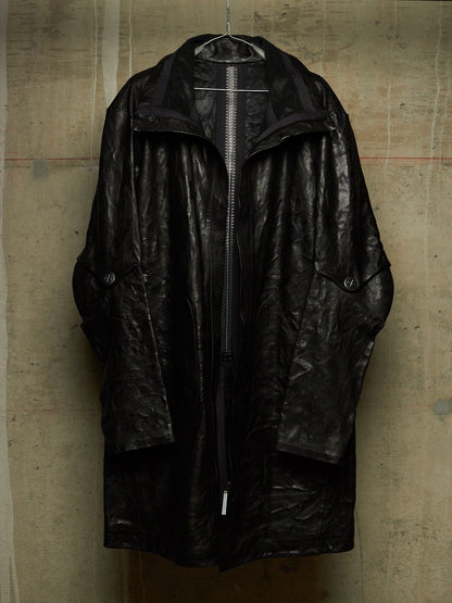 Isaac Sellam: “Experience” SS22 Black High Neck Pertinent Lambskin Leather Coat