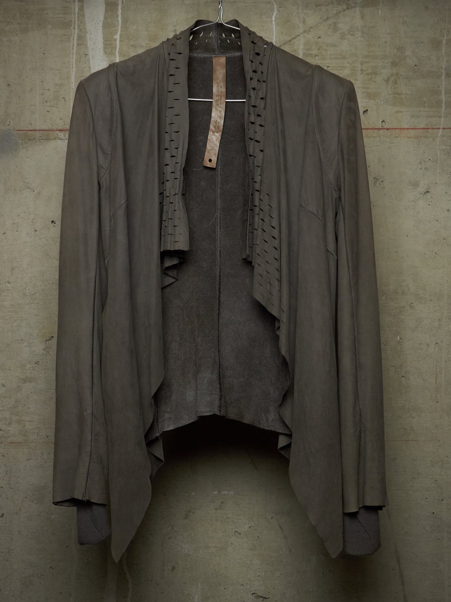 Isaac Sellam: “Experience” Open-front Laser Cut Calfskin Leather Cardigan