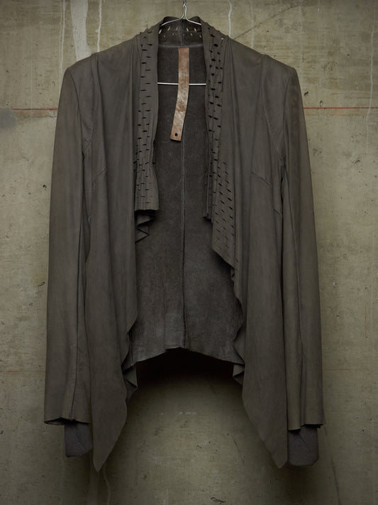 Isaac Sellam: “Experience” Open-front Laser Cut Calfskin Leather Cardigan