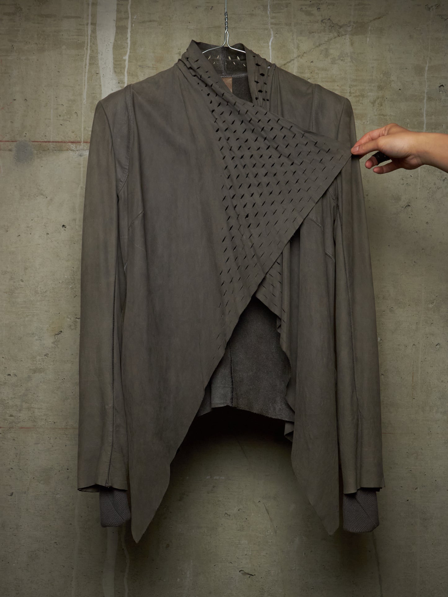 Isaac Sellam: “Experience” Open-front Laser Cut Calfskin Leather Cardigan