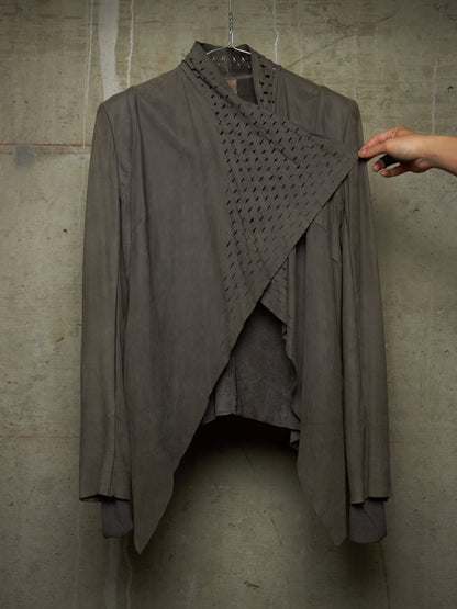 Isaac Sellam: “Experience” Open-front Laser Cut Calfskin Leather Cardigan