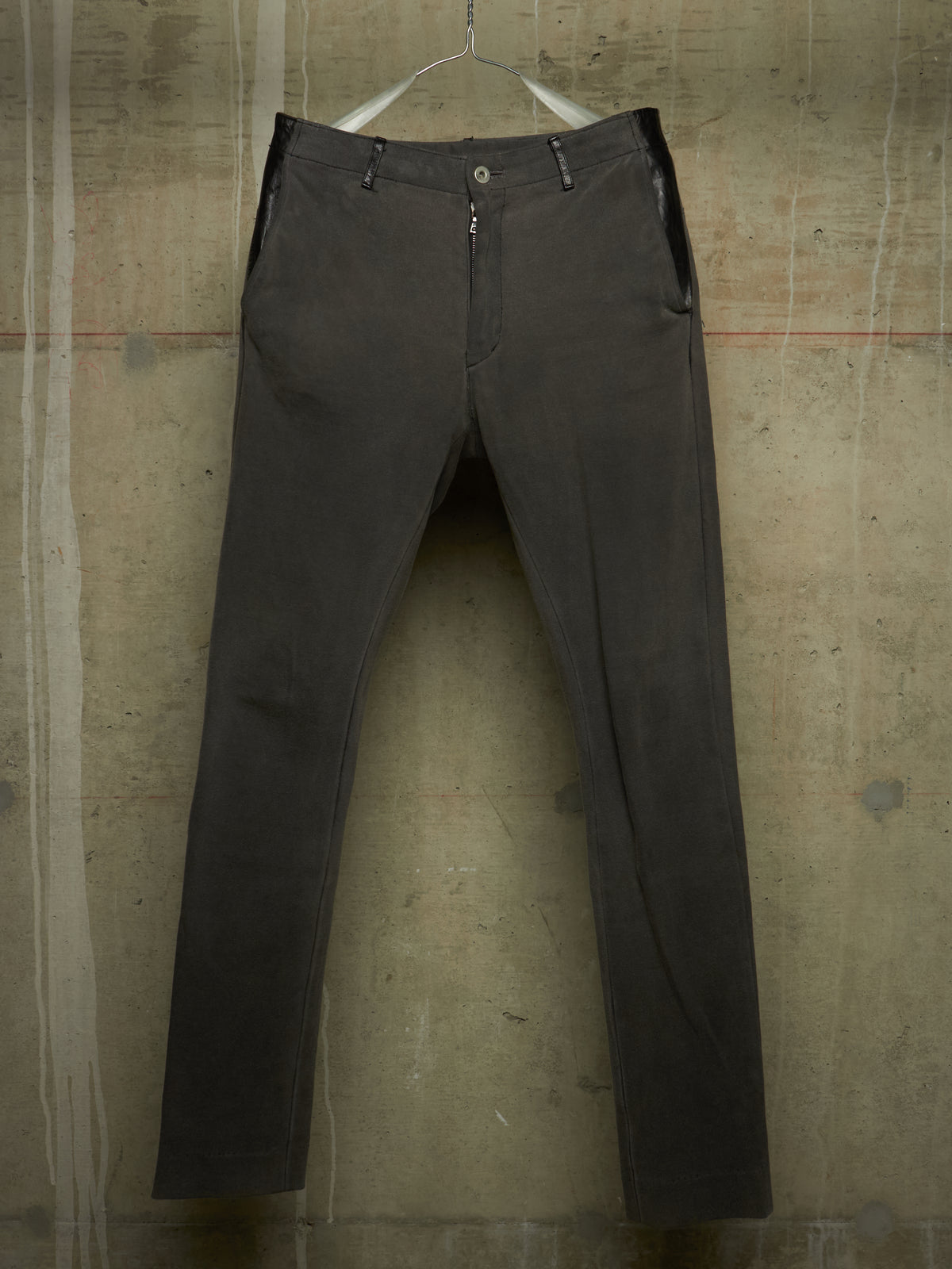 Isamu Katayama "BACKLASH" 2010s Grey Cotton Jersey Black Cow Leather Hybrid Slim Denim