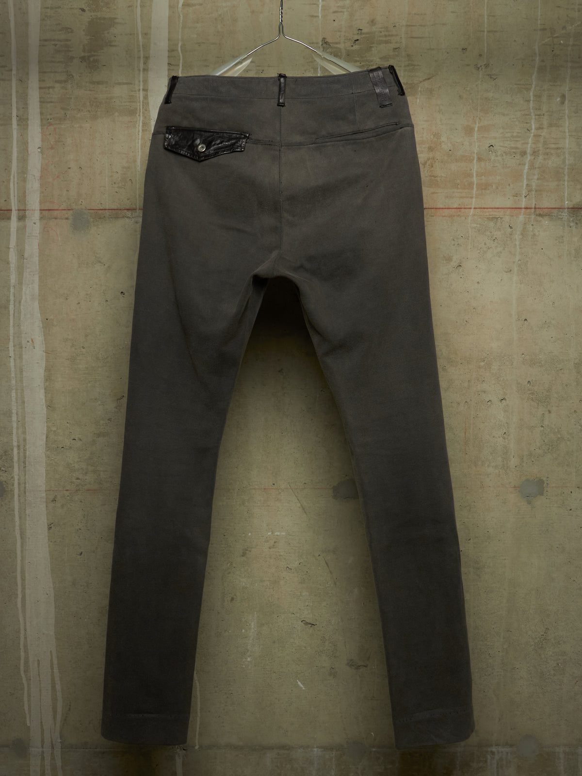 Isamu Katayama "BACKLASH" 2010s Grey Cotton Jersey Black Cow Leather Hybrid Slim Denim